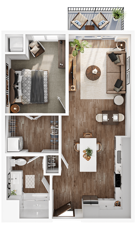 Floor plan for 1 bed, 1 bath, 715 sqft